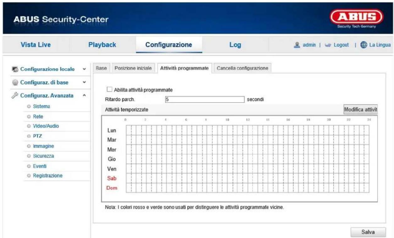 ABUS Security-Center Vista Live Playback Configurazione\Log-admin | Logout | La Lingua Configurazione locale Base Posizione iniziale Attività programmate Cancella configurazione Configuraz. di base Configuraz. Avanzata Sistema Rete Video/Audio PTZ Immagine Sicurezza Eventi Registrazione Abilita attività programmate Ritardo parch. 5 secondi Attività temporizzate Modifica attivit Lun Mar Mer Gio Ven Sab Dom Nota: I colori rosso e verde sono usati per distinguere le attività programmate vicine. Salva