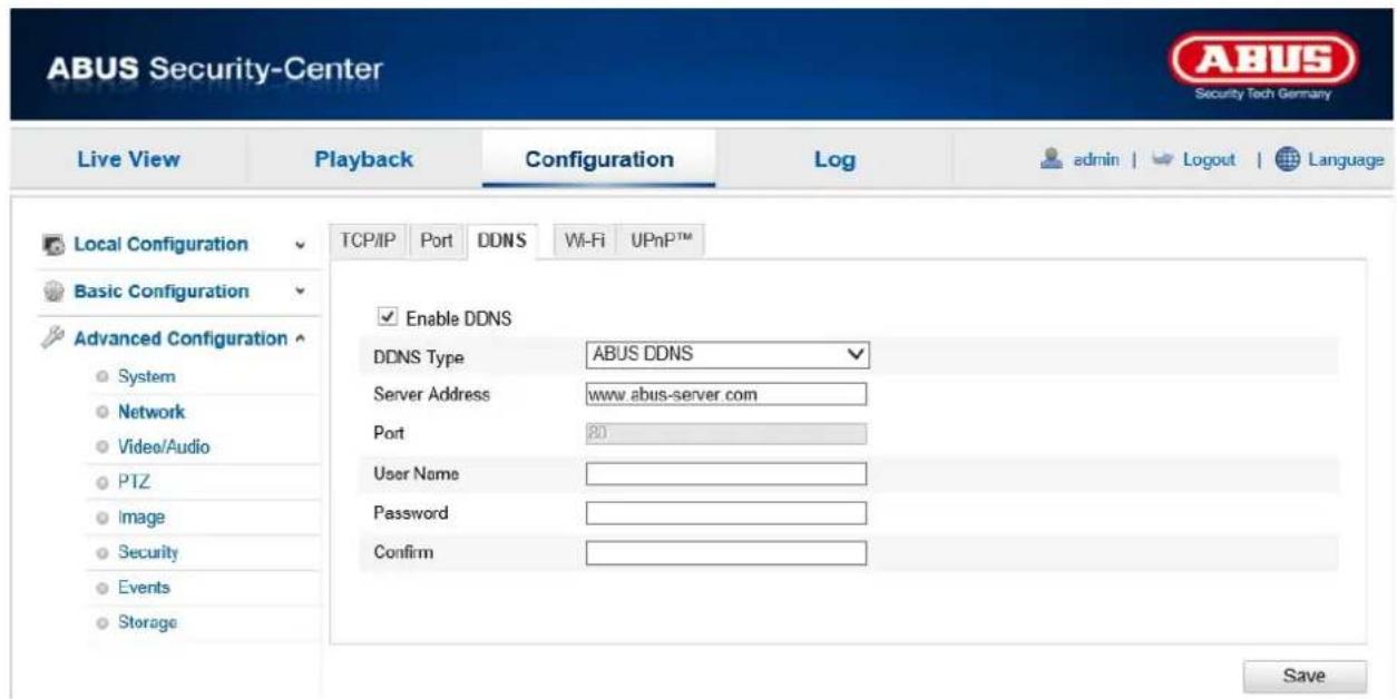 ABUS Security-Center Live View Playback Configuration\Log admin | Logout | Language Local Configuration TCP/IP Port DDNS Wi-Fi UPnPTM Basic Configuration Advanced Configuration System Network Video/Audio PTZ Image Security Events Storage Enable DDNS DDNS Type ABUS DDNS Server Address www.abus-server.com Port 20 User Name Password Confirm Save