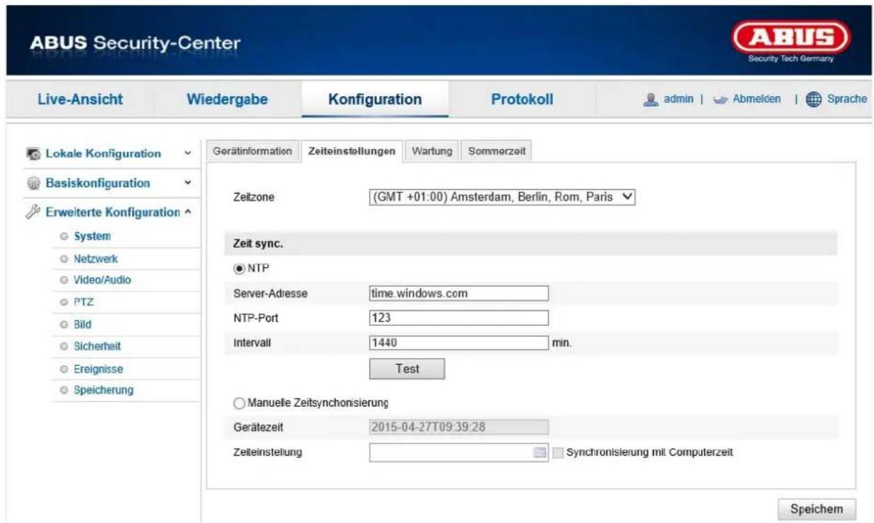 ABUS Security-Center Live-Ansicht Wiedergabe Konfiguration Protokoll admin | Abmelden | Sprache Lokale Konfiguration Basiskonfiguration Erweiterte Konfiguration System Netzwerk Video/Audio PTZ Bild Sicherheit Ereignisse Speicherung Gerätiinformation Zeiteinstellungen Wartung Sommerzeit Zeilzone (GMT +01:00) Amsterdam, Berlin, Rom, Paris Zeit sync. NTP Server-Adresse time.windows.com NTP-Port 123 Intervall 1440 min. Test Manuelle Zeitsynchronisierung Gerätezeit 2015-04-27T09:39:28 Zeiteinstellung Synchronisierung mit Computerzeit Speichem