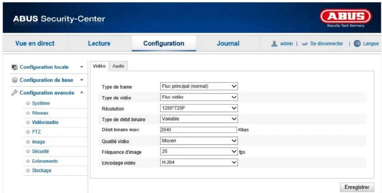 ABUS Security-Center Security Tech Germany Vue en direct Lecture Configuration Journal admin | Se déconnecter | Langue Configuration locale Configuration de base Configuration avancée Système Réseau Vidéo/audio PTZ Image Sécurité Evénomonts Stockage Vidéo Audio Type de trame Flux principal (normal) ✓ Type de vidéo Flux vidéo ✓ Résolution 1280*720P ✓ Type de débit binaire Variable ✓ Débit binaire maxi 2043 Kbpo Qualité vidéo Moyen ✓ Fréquence d'image 25 fps Encodage vidéo H.264 ✓ Enregistrer