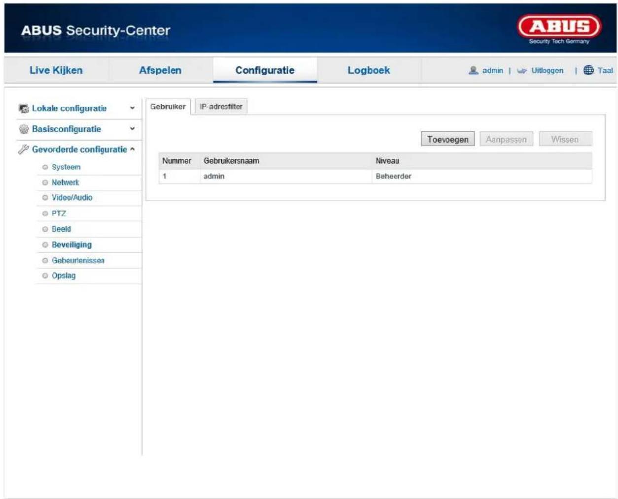 ABUS Security-Center Live Kijken Afspelen Configuratie Logboek admin | Uitloggen | Taal Lokale configuratie Basisconfiguratie Gevorderde configuratie Systeen Netwert Video/Audio PTZ Beeld Beveiliging Gebeurtenissen Opslag Gebruiker IP-adresfilter Toevoegen Aanpassen Wissen Nummer Gebruikersnaam Niveau 1 admin Beheerder