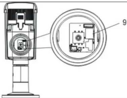 Technical diagram of a device with labeled components and an inset view showing internal circuit layout
