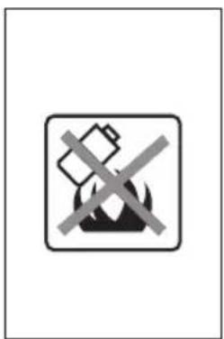 Warning sign with crossed-out electrical symbols and a battery icon, indicating no hazard or caution against the fire.