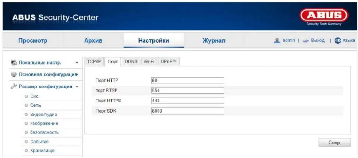 ABUS Security-Center Security Tech Germany Просмотр Архив Настройки Журнал admin | Выход | языка Локальные настр. Основная конфигурация Расшир конфигурация Сис. Сеть Видво/Аудио изображение безопасность События Хранилище TCP/IP Порт DDNS Wi-Fi UPnP™ Порт HTTP 80 порт RTSP 554 порт HTTPS 443 порт SDK 8000 Сохр.