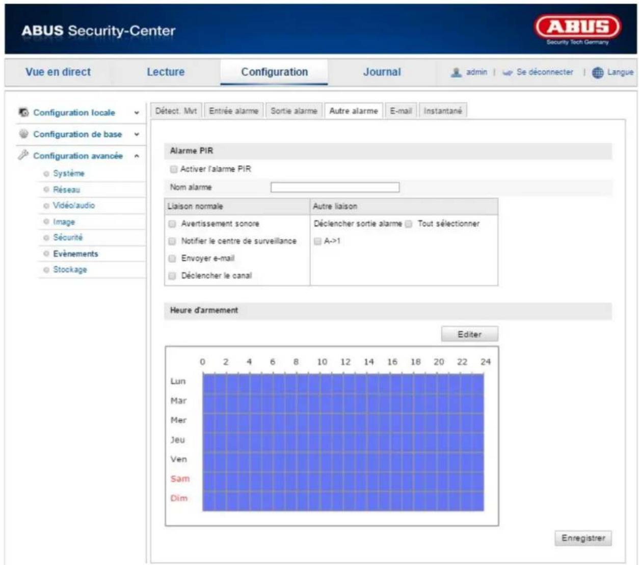 ABUS Security-Center Security Tech Germany Vue en direct Lecture Configuration Journal admin Se déconnecter Langue Configuration locale Configuration de base Configuration avancée Système Réseau Vidéo/audio Image Sécurité Evénements Stockage Détect. Mvt Entrée alarme Sortie alarme Autre alarme E-mail Instantané Alarme PIR Activer l'alarme PIR Nom alarme Liaison normale Autre liaison Avertissement sonore Déclencher sortie alarme Tout sélectionner Notifier le centre de surveillance A->1 Envoyer e-mail Déclencher le canal Heure d'armement Editor Lun Mar Mer Jeu Ven Sam Dim 0 2 4 6 8 10 12 14 16 18 20 22 24 Enregistrer