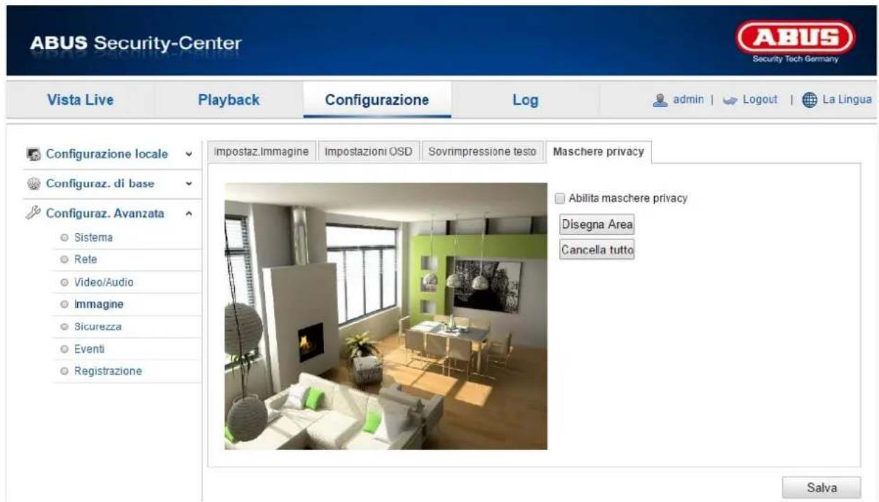 ABUS Security-Center Vista Live Playback Configurazione\Log-admin | Logout | La Lingua Configurazione locale Configuraz. di base Configuraz. Avanzata Sistema Rete Video/Audio Immagine Sicurezza Eventi Registrazione Impostaz.Immagine Impostazioni OSD Sovrnimpressione testo Maschere privacy Abilita maschere privacy Disegna Area Cancella tutto Salva