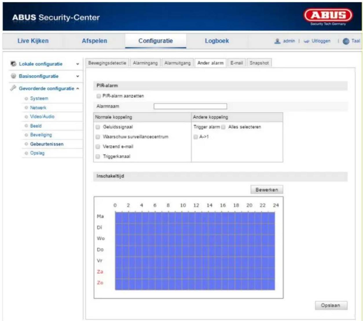 ABUS Security-Center Live Kijken Afspelen Configuratie Logboek admin | Uitloggen | Taal Lokale configuratie Basisconfiguratie Gevorderde configuratie Systeem Netwerk Video/Audio Beeld Beveiliging Gebeurtenissen Opslag Bewegingsdetectie Alarmingang Alarmuitgang Ander alarm E-mail Snapshot PIR-alarm PIR-alarm aanzetten Alamnaam Normale koppeling Andere koppeling Geluidssignaal Trigger alarm Alles selecteren Waarschuw surveillancecentrum A->1 Verzend e-mail Triggerkanaal Inschakeltijd Bewerken 0 2 4 6 8 10 12 14 16 18 20 22 24 Ma Di Wo Do Vr Za Zo Opslaan