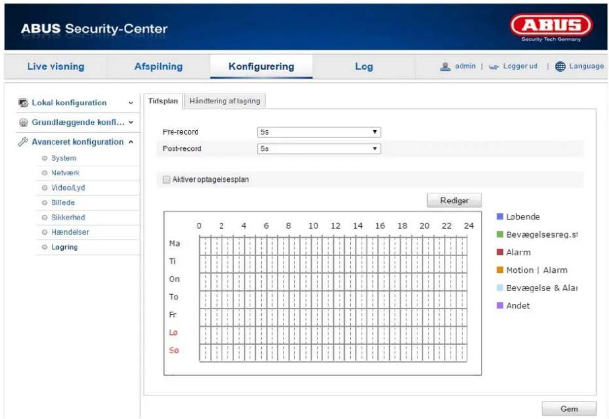 ABUS Security-Center Live visning Afspilning Konfigurering Log admin | Logger ud | Language Lokal konfiguration Grundlæggende konfl... Avanceret konfiguration System Netværk Video/Lyd Billede Sikkerhed Hændelser Lagring Tidsplan Håndtering af lagring Pre-record 5s Post-record 5s Aktiver optagelsesplan Rediger Ma Ti On To Fr Lo So Løbende Bevægelsesreg.sl Alarm Motion | Alarm Bevægelse & Alai Andet Gem