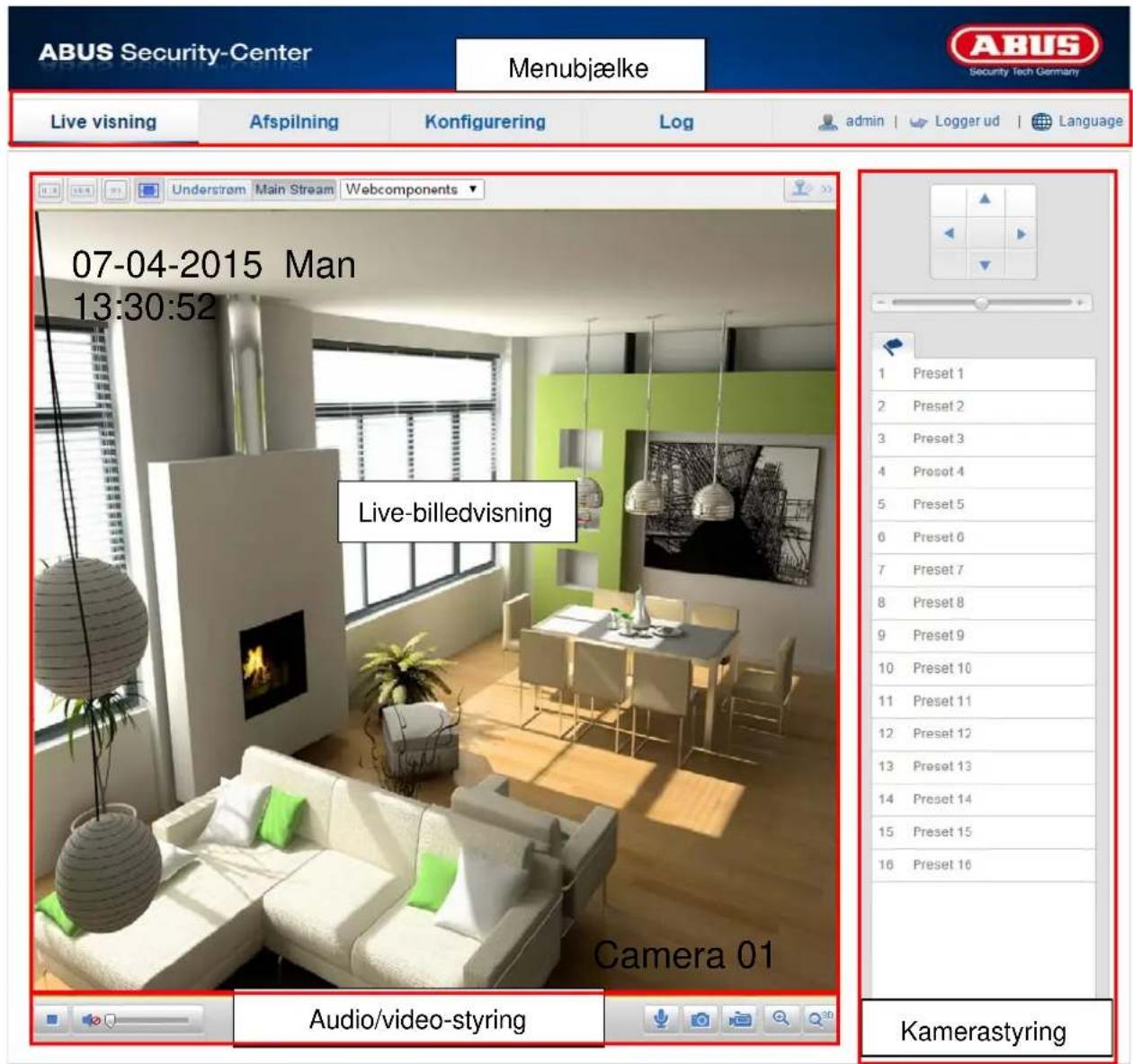 ABUS Security-Center Menubjælke Live visning Afspilning Konfigurering Log admin | Logger ud | Language Understrom Main Stream Webcomponents 07-04-2015 Man 13:30:52 Live-billedvisning Camera 01 Audio/video-styring Kamerastyring