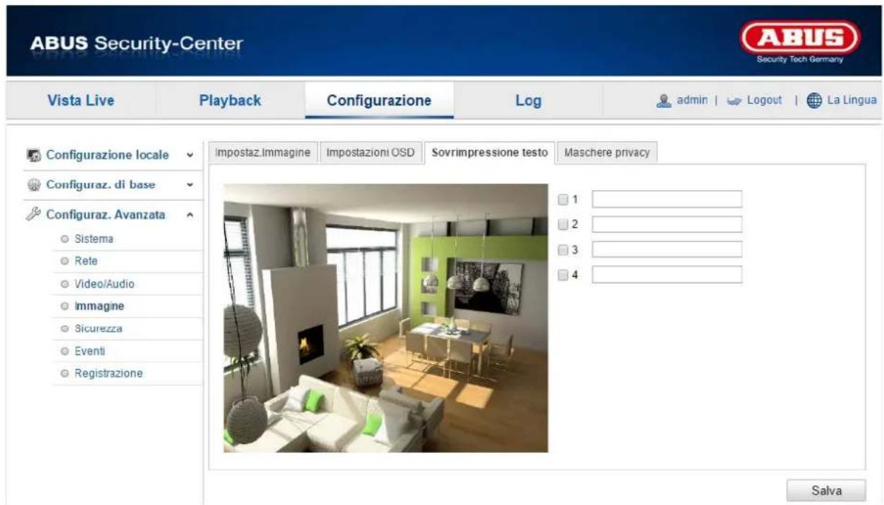 ABUS Security-Center Vista Live Playback Configurazione\Log-admin | Logout | La Lingua Configurazione locale Configuraz. di base Configuraz. Avanzata Sistema Rete Video/Audio Immagine Sicurezza Eventi Registrazione Impostaz.Immagine Impostazioni OSD Sovrimpressione testo Maschere privacy 1 2 3 4 Salva