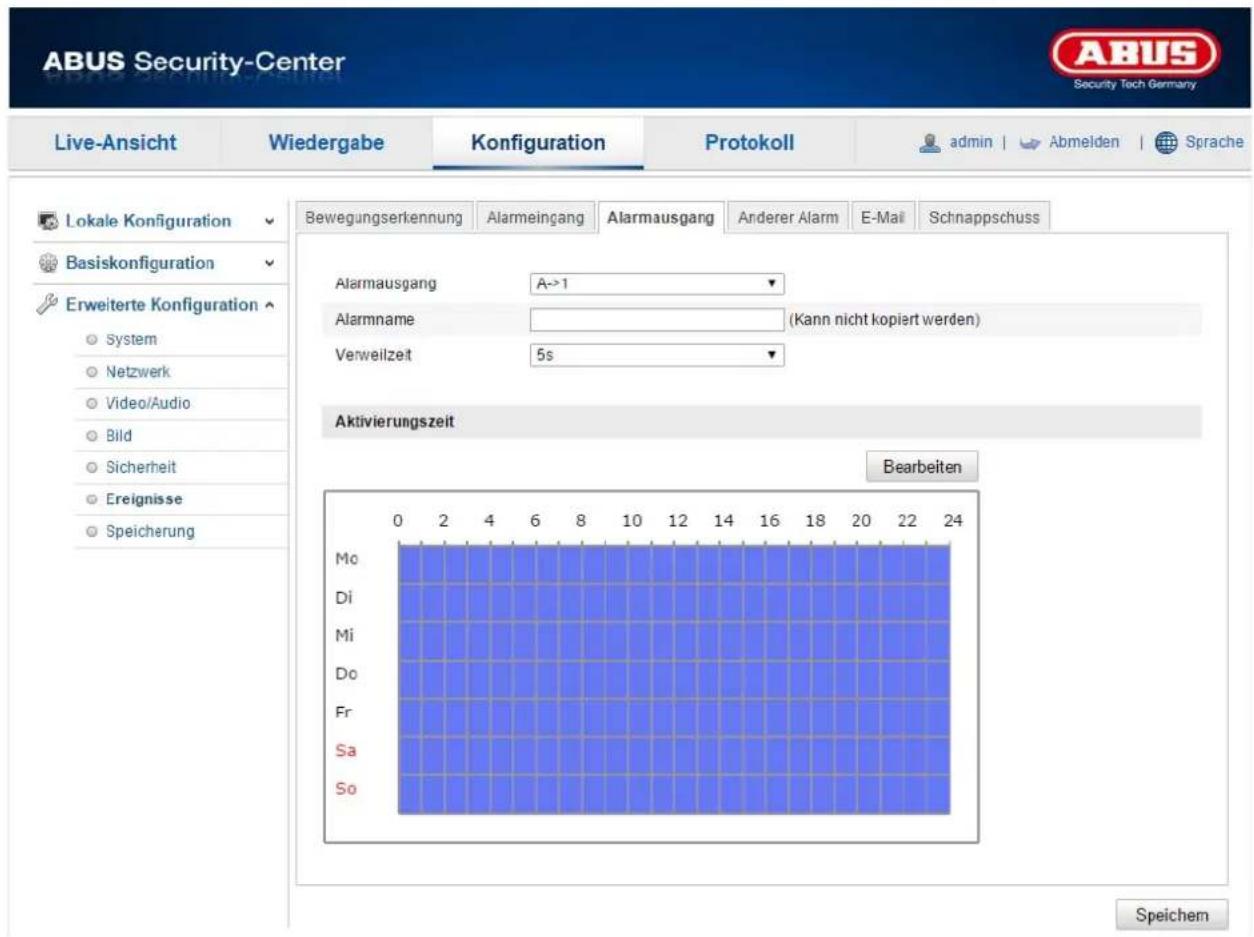 ABUS Security-Center Live-Ansicht Wiedergabe Konfiguration Protokoll admin | Abmeiden | Sprache Lokale Konfiguration Basiskonfiguration Erweiterte Konfiguration System Netzwerk Video/Audio Bild Sicherheit Ereignisse Speicherung Bewegungserkennung Alarmeingang Alarmausgang Anderer Alarm E-Mail Schnappschuss Alarmausgang A->1 Alarmname (Kann nicht kopiert werden) Verweilzeit 5s Aktivierungszeit Bearbeiten 0 2 4 6 8 10 12 14 16 18 20 22 24 Mo Di Mi Do Fr Sa So Speichem
