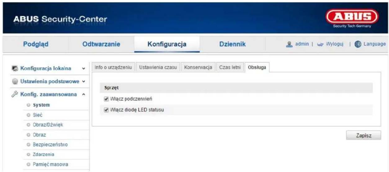 ABUS Security-Center Podgląd Odtwarzanie Konfiguracja Dziennik admin | Wyloguj | Language Konfiguracja lokalna Ustawienia podstawowe Konfig. zaawansowana System Sieć Obraz/Dźwięk Obraz Bezpieczeństwo Zdarzenia Pamięć masowa Info o urządzeniu Ustawienia czasu Konserwacja Czas letni Obsługa Sprzęt Włącz podczenwień Włącz diode LED statusu Zapisz