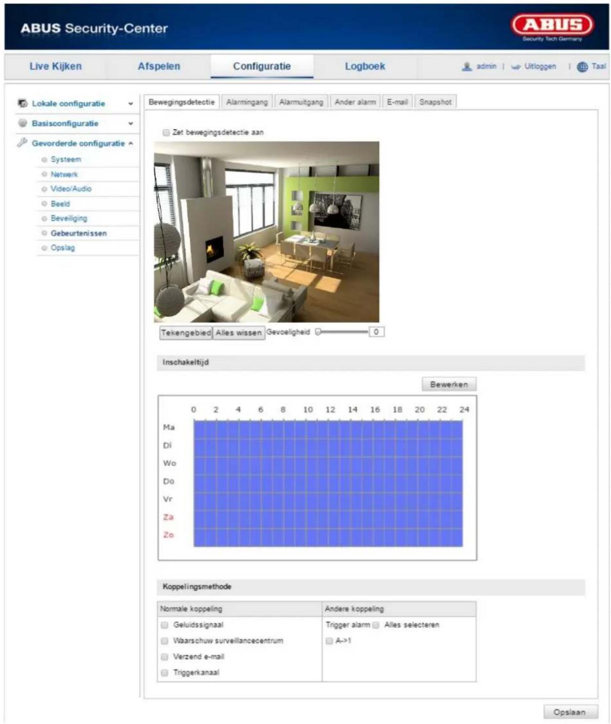 ABUS Security-Center Live Kijken Afspelen Configuratie Logboek admin | Uitloggen | Taal Lokale configuratie Basisconfiguratie Gevorderde configuratie ○ System ○ Network ○ Video/Audio ○ Beeld ○ Beveiliging ○ Gebeurtenissen ○ Opslag Bewegingsdetectie Alarmingang Alarmuitgang Ander alarm E-mail Snapshot Zet bewegingsdetectie aan Tekengebied Alles wissen Gevoeligheid 0 Inschakeltijd Bewerken Ma Di Wo Do Vr Za Zo Koppelingsmethode Normale koppeling Andere koppeling □ Geluidssignaal □ Waarschuw surveillancecentrum □ Verzend e-mail □ Triggerkanaal Trigger alarm □ Alles selecteren □ A->1 Opslaan