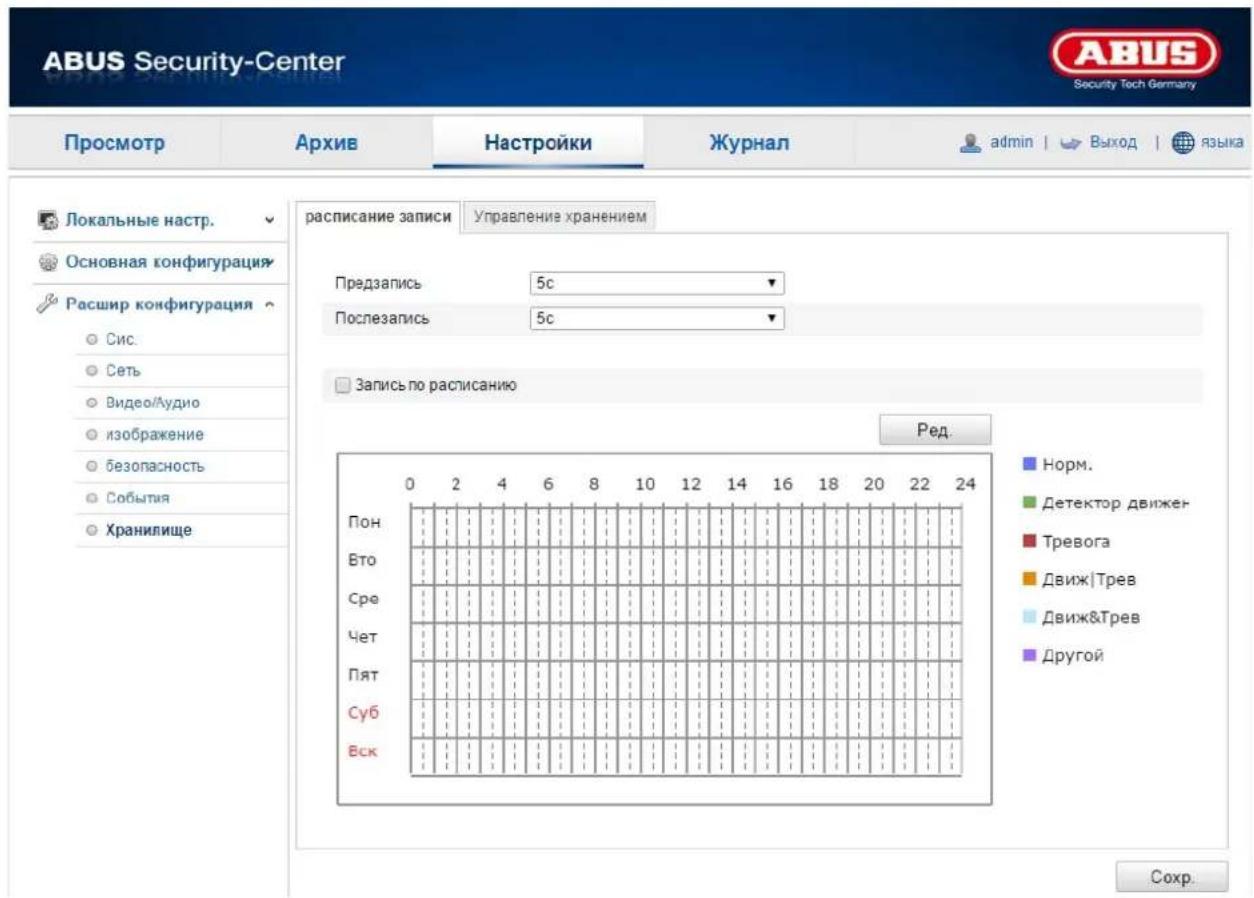 ABUS Security-Center Security Tech Germany Просмотр Архив Настройки Журнал admin | Выход | языка Локальные настр. Основная конфигурация Расшир конфигурация Сис. Сеть Видео/Аудио изображение безопасность События Хранилище расписание записи Управление хранением Предзапись 5с Послезапись 5с Запись по расписанию Ред. Норм. Детектор движев Тревога Движ|Трев Движ&Трев Другой Пон Бто Сре Чет Пят Суб Вск Сохр.