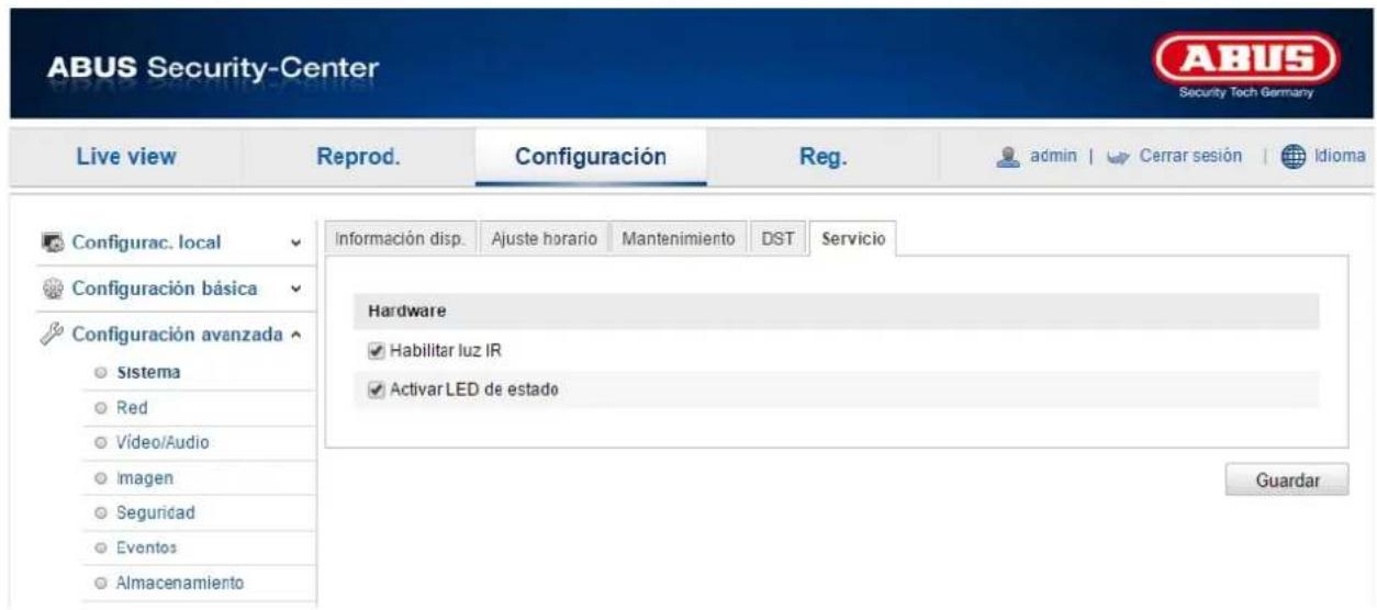 ABUS Security-Center Live view Reprod. Configuración Reg. admin | Cerrar sesión | Idioma Configurac. local Configuración básica Configuración avanzada Sistema Red Video/Audio Imagen Seguridad Eventos Almacenamiento Información disp. Ajuste horario Mantenimiento DST Servicio Hardware Habilitar luz IR Activar LED de estado Guardar