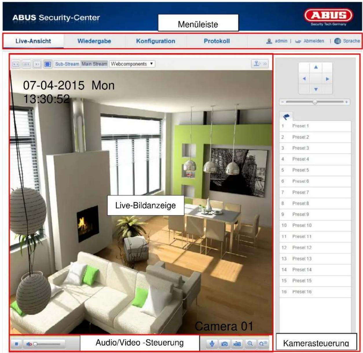 ABUS Security-Center Menüleiste LABUS Security Tech Germany Live-Ansicht Wiedergabe Konfiguration Protokoll admin | Abmelden | Sprache Sub-Stream Main Stream Webcomponents 07-04-2015 Mon 13:30:52 Live-Bildanzeige Camera 01 Audio/Video -Steuerung Kamerasteuerung
