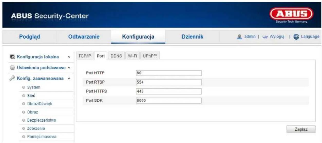 ABUS Security-Center Podgląd Odtwarzanie Konfiguracja Dziennik admin | Wyloguj | Language Konfiguracja lokalna Ustawienia podstawowe Konfig. zaawansowana System Sieć Obraz/Dźwięk Obraz Bezpieczeństwo Zdarzenia Pamięć masowa TCP/IP Port DDNS Wi-Fi UPnP™ Port HTTP 80 Port RTSP 554 Port HTTPS 443 Port SDK 8000 Zaplsz