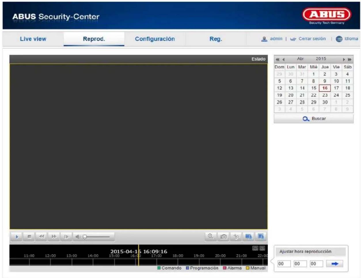 ABUS Security-Center Security Tech Germany Live view Reprod. Configuración Reg. admin Cerrar sesión Idioma Estado Abr 2015 Dom Lun Mar Mié Jue Vie Sáb 29 30 31 1 2 3 4 5 6 7 8 9 10 11 12 13 14 15 16 17 18 19 20 21 22 23 24 25 26 27 28 29 30 1 2 3 4 5 6 7 8 9 Buscar Ajustar hora reproducción 11:00 12:00 13:00 14:00 15:00 16:00 17:00 18:00 19:00 20:00 21:00 22:00 Comando Programación Alarma Manual