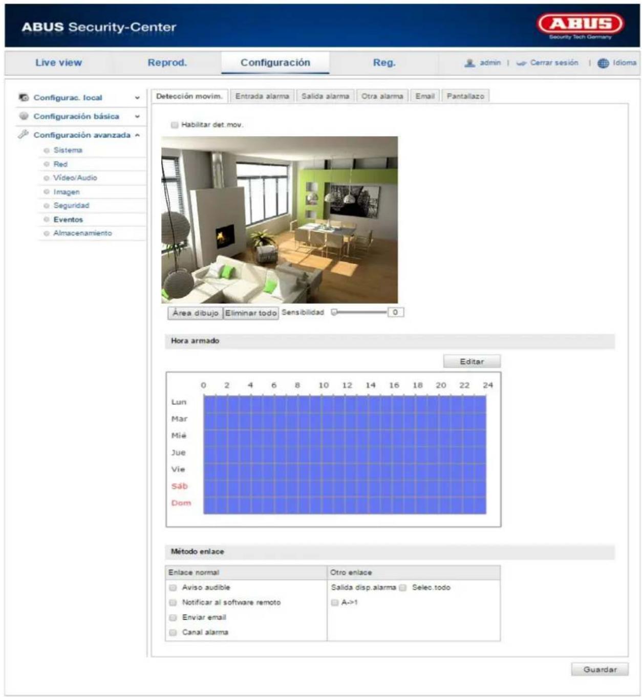 ABUS Security-Center Live view Reprod. Configuración Reg. admin | Cerrar sesión | Idioma Configurac. local Configuración básica Configuración avanzada Sistema Red Video/Audio Imagen Seguridad Eventos Almacenamiento Detección movim. Entrada alarma Salida alarma Otra alarma Email Pantallazo Habilitar det. mov. Área dibujo Eliminar todo Sensibilidad 0 Hora armado Editor Lun Mar Mié Jue Vie Sáb Dom Método enlace Enlace normal Otro enlace Aviso audible Salida disp.alarma Selec. todo Notificar al software remoto A->1 Enviar email Canal alarma Guardar