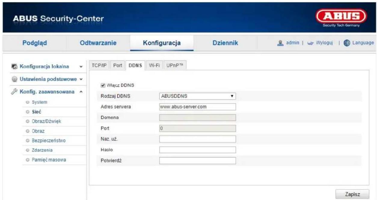 ABUS Security-Center Podgląd Odtwarzanie Konfiguracja Dziennik admin | Wyloguj | Language Konfiguracja lokalna TCP/IP Port DDNS Wi-Fi UPnP™ Ustawienia podstawowe Konfig. zaawansowana System Sieć Obraz/Dźwięk Obraz Bezpieczeństwo Zdarzenia Pamięć masowa Włącz DDNS Rodzaj DDNS ABUSDDNS Adres servera www.abus-server.com Domena Port 0 Naz_uż. Hasło Potwierdź Zapisz