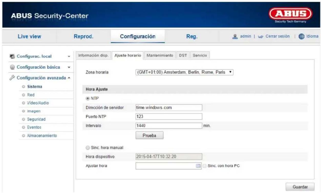 ABUS Security-Center Live view Reprod. Configuración Reg. admin | Cerrar sesión | Idioma Configurac. local Configuración básica Configuración avanzada Sistema Red Video/Audio Imagen Seguridad Eventos Almacenamiento Información disp. Ajuste horario Mantenimiento DST Servicio Zona horaria (GMT+01:00) Amsterdam, Berlin, Rome, Paris ▼ Hora Ajuste NTP Dirección de servidor time.windows.com Puerto NTP 123 Intervalo 1440 min. Prueba Sinc. hora manual Hora dispositivo 2015-04-17T10:32:20 Ajustar hora Sinc. con hora PC Guardar
