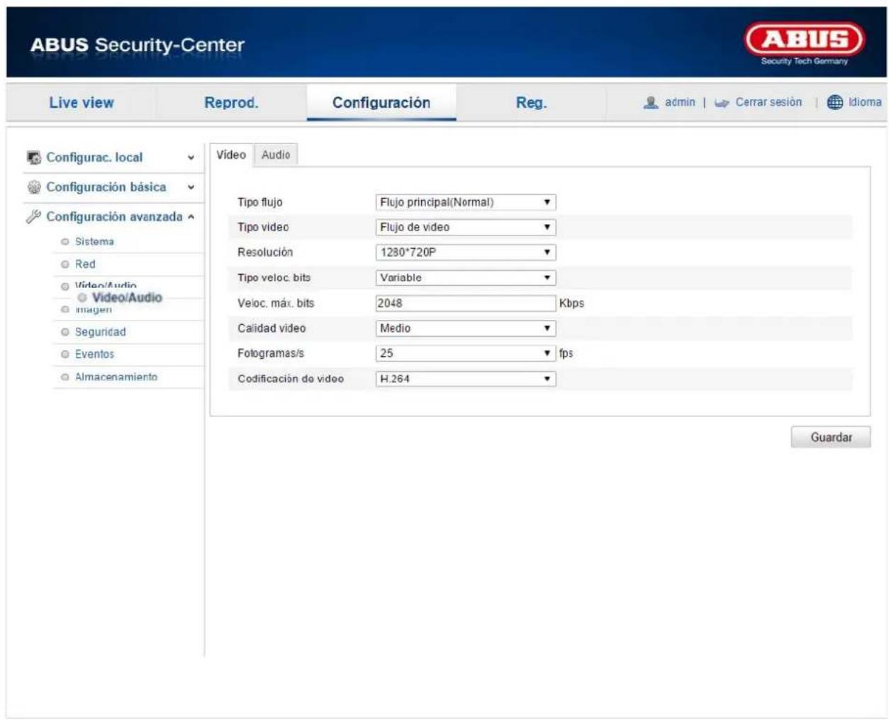 ABUS Security-Center Live view Reprod. Configuración Reg. admin Cerrar sesión Idioma Configurac. local Configuración básica Configuración avanzada Sistema Red Video/Audio Video/Audio Imagen Seguridad Eventos Almacenamiento Vídeo Audio Tipo flujo Flujo principal(Normal)▼ Tipo video Flujo de video▼ Resolución 1280*720P▼ Tipo veloc. bits Variable▼ Veloc. máx. bits 2048 Kbps Calidad video Medio▼ Fotogramas/s 25 fps Codificación de video H.264▼ Guardar