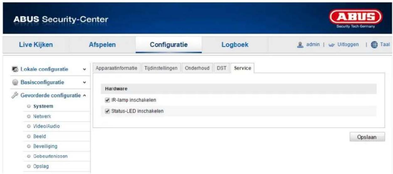 ABUS Security-Center Live Kijken Afspelen Configuratie Logboek admin | Uitloggen | Taal Lokale configuratie Basisconfiguratie Gevorderde configuratie Systeem Netwerk Video/Audio Beeld Beveiliging Gebeurtenissen Opslag Apparaatinformatie Tijdinstellingen Onderhoud DST Service Hardware IR-lamp inschakelen Status-LED inschakelen Opslaan