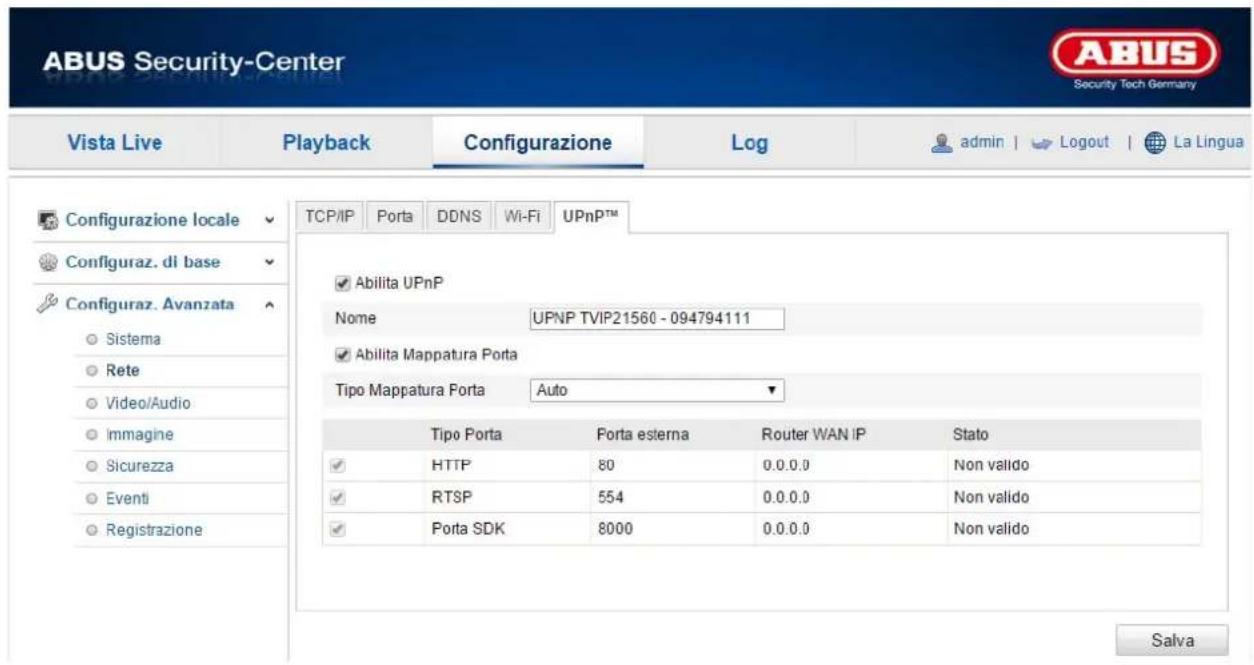 ABUS Security-Center Vista Live Playback Configurazione\Log-admin | Logout | La Lingua Configurazione locale TCP/IP Porta DDNS Wi-Fi UPnPTM Configuraz. di base Configuraz. Avanzata Sistema Rete Video/Audio Immagine Sicurezza Eventi Registrazione Abilita UPnP Nome UPNP TVIP21560 - 094794111 Abilita Mappatura Porta Tipo Mappatura Porta Auto Tipo Porta Porta esterna Router WAN IP Stato HTTP 80 0.0.0.0 Non valido RTSP 554 0.0.0.0 Non valido Porta SDK 8000 0.0.0.0 Non valido Salva