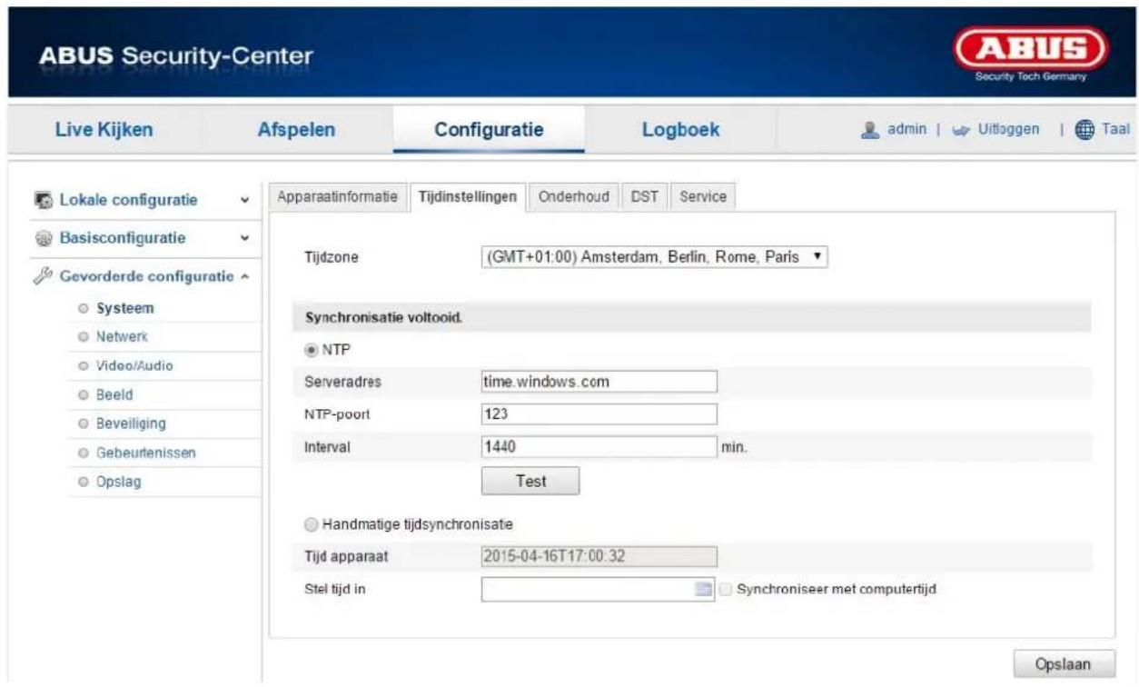 ABUS Security-Center Live Kijken Afspelen Configuratie Logboek admin | Uitloggen | Taal Lokale configuratie Basisconfiguratie Gevorderde configuratie Systeem Netwerk Video/Audio Beeld Beveiliging Gebeurtenissen Opslag Apparaatinformatie Tijdinstellingen Onderhoud DST Service Tijdzone (GMT+01:00) Amsterdam, Berlin, Rome, Paris ▼ Synchronisatie voltooid. NTP Serveradres time.windows.com NTP-poort 123 Interval 1440 min. Test Handmatige tijdsynchronisatie Tijd apparaat 2015-04-16T17:00:32 Stel tijd in Synchroniseer met computertijd Opslaan