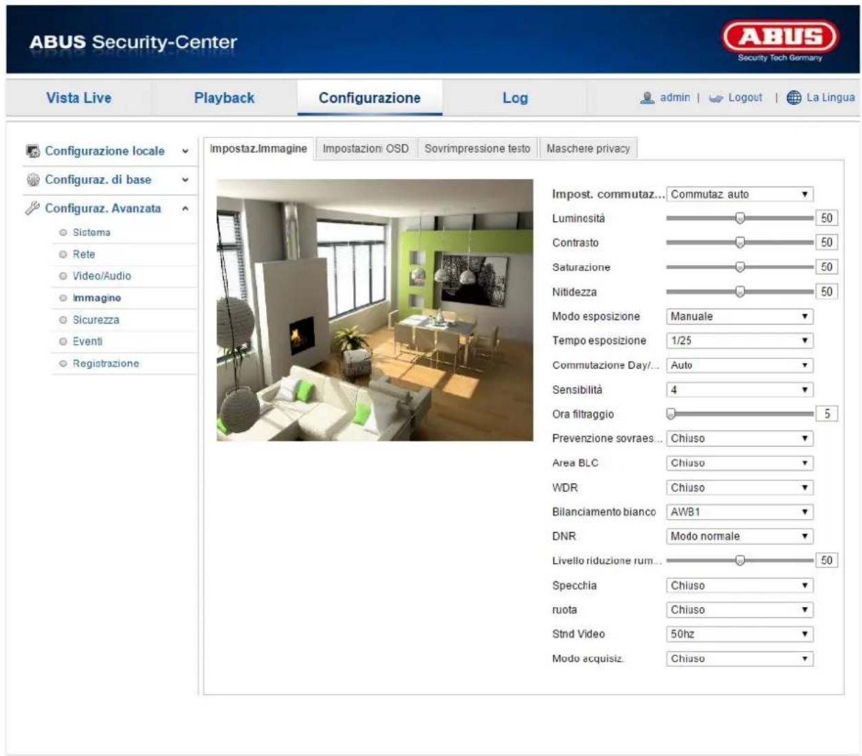 ABUS Security-Center Vista Live Playback Configurazione\Log-admin | Logout | La Lingua Configurazione locale Impostaz.Immagine Impostazioni OSD Sovrimpressione testo Maschere privacy Configuraz. di base Configuraz. Avanzata Sistema Rete Video/Audio Immagino Sicurezza Eventi Registrazione Impost. commutaz... Commutaz auto Luminosità 50 Contrasto 50 Saturazione 50 Nitidezza 50 Modo esposizione Manuale Tempo esposizione 1/25 Commutazione Day/... Auto Sensibilità 4 Ora filtraggio 5 Prevenzione sovraes... Chiuso Area BLC Chiuso WDR Chiuso Bilanciamento bianco AWB1 DNR Modo normale Livello riduzione rum... 50 Specchia Chiuso ruota Chiuso Stnd Video 50hz Modo acquisiz. Chiuso