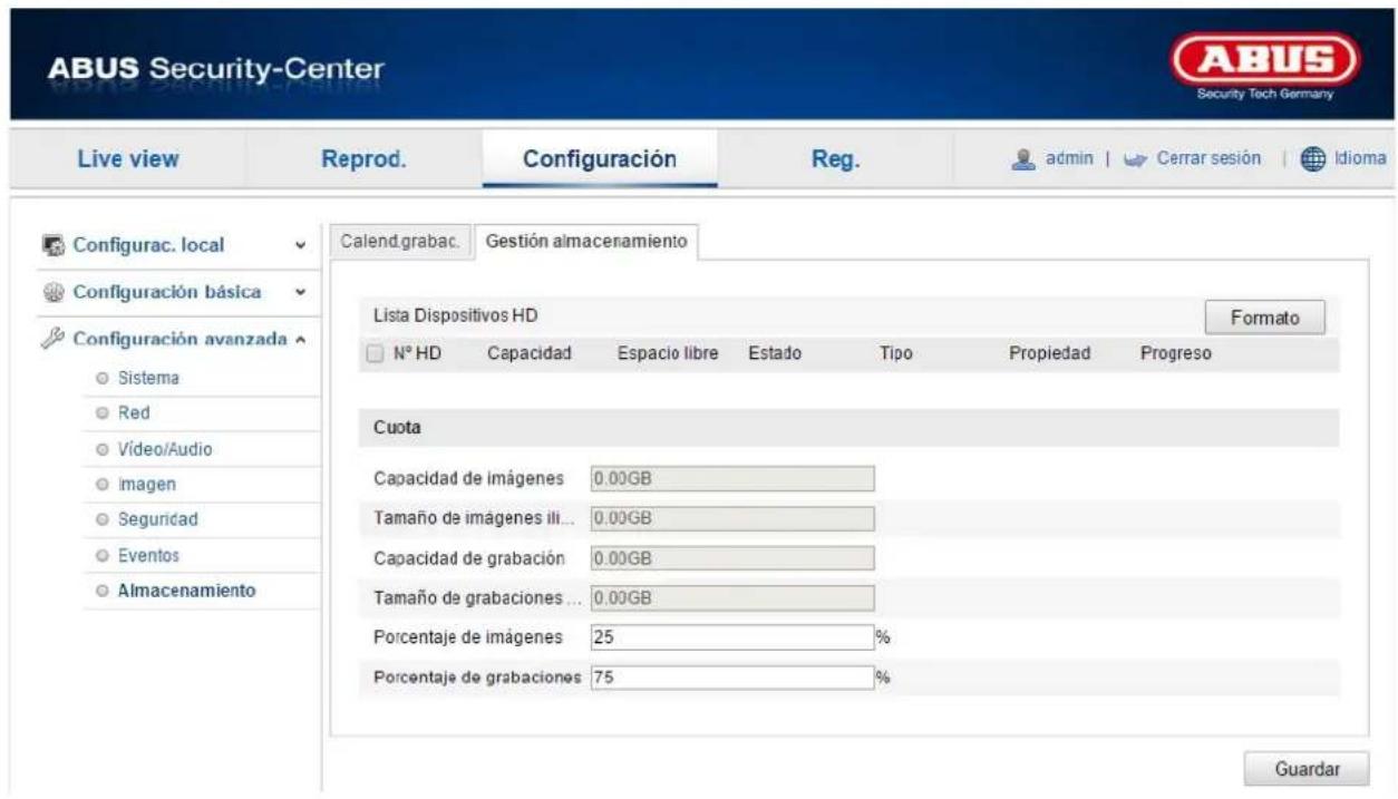 ABUS Security-Center Live view Reprod. Configuración Reg. admin | Cerrar sesión | Idioma Configurac. local Configuración básica Configuración avanzada Sistema Red Video/Audio Imagen Seguridad Eventos Almacenamiento Calend.grabac. Gestión almacenamiento Lista Dispositivos HD Formato N° HD Capacidad Espacio libre Estado Tipo Propiedad Progreso Cuota Capacidad de imágenes 0.00GB Tamaño de imágenes ili... 0.00GB Capacidad de grabación 0.00GB Tamaño de grabaciones ... 0.00GB Porcentaje de imágenes 25 % Porcentaje de grabaciones 75 % Guardar
