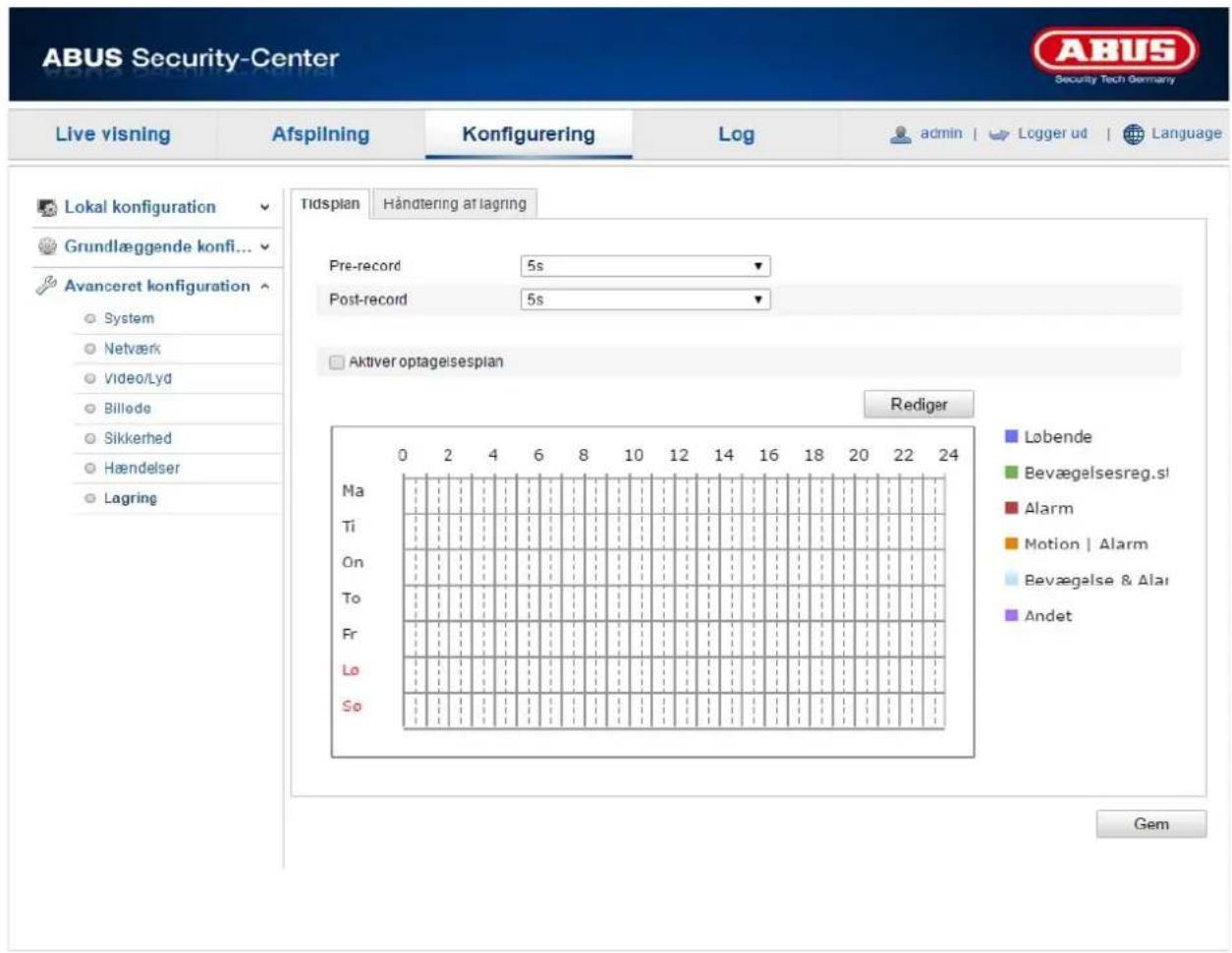 ABUS Security-Center Live visning Afspilning Konfigurering Log admin | Logger ud | Language Lokal konfiguration Grundlæggende konfi... Avanceret konfiguration System Netværk Video/Lyd Billede Sikkerhed Hændelser Lagring Tidsplan Handtering at lagring Pre-record 5s Post-record 5s Aktiver optageisesplan Rediger Ma Ti On To Fr Lo So Løbende Bevægelsesreg.sl Alarm Motion | Alarm Bevægelse & Alar Andet Gem