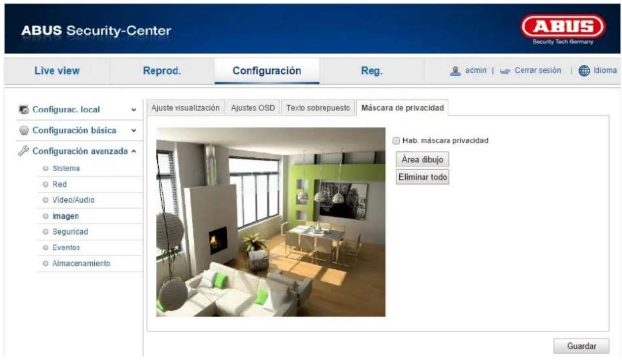 ABUS Security-Center Live view Reprod. Configuración Reg. admin | Cerrar sesión | Idioma Configurac. local Ajuste visualización Ajustes OSD Texto sobrepuesto Máscara de privacidad Configuración básica Configuración avanzada Sistema Red Video/Audio Imagen Seguridad Eventos Almacenamiento Hab. máscara privacidad Área dibujo Eliminar todo Guardar