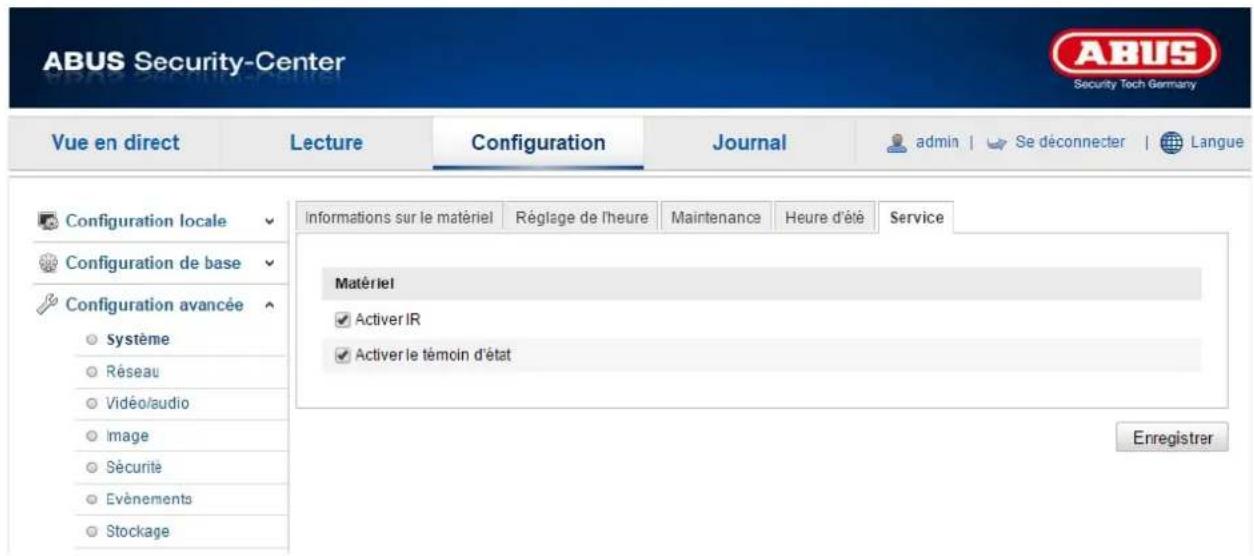 ABUS Security-Center Security Tech Germany Vue en direct Lecture Configuration Journal admin | Se déconnecter | Langue Configuration locale Configuration de base Configuration avancée Système Réseau Vidéo/audio Image Sécurité Evénements Stockage Informations sur le matériel Réglage de l'heure Maintenance Heure d'été Service Matériel Activer IR Activer le témoin d'état Enregistrer