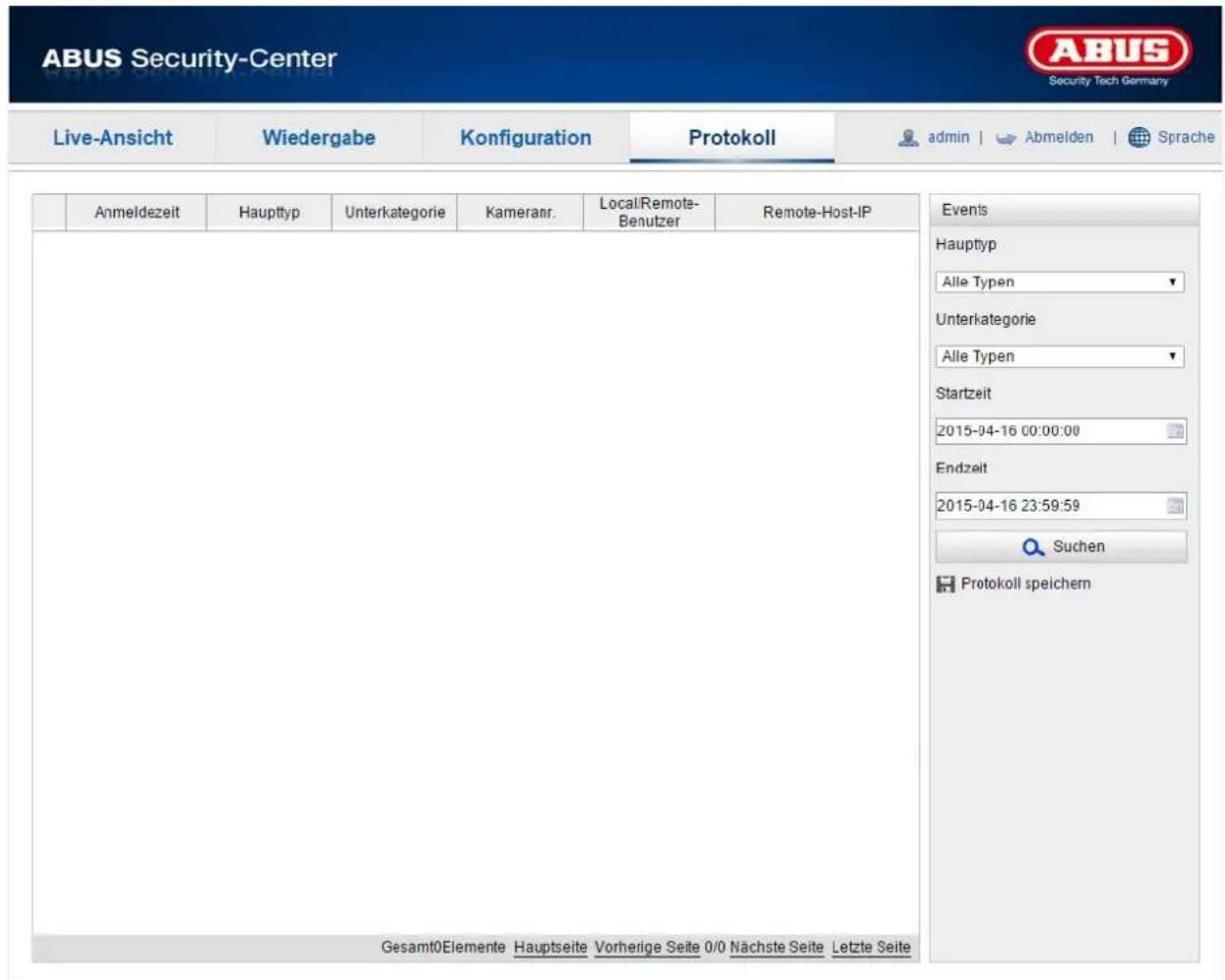 ABUS Security-Center Security Tech Germany Live-Ansicht Wiedergabe Konfiguration Protokoll admin Abmelden Sprache Anmeldezeit Haupttyp Unterkategorie Kameranr. Local/Remote-Benutzer Remote-Host-IP Gesamt0Elemente Hauptseite Vorherige Seite 0/0 Nächste Seite Letzte Seite Events Haupttyp Alle Typen Unterkategorie Alle Typen Startzeit 2015-04-16 00:00:00 Endzeit 2015-04-16 23:59:59 Suchen Protokoll speichern