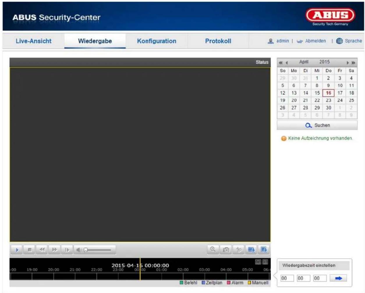 ABUS Security-Center Security Tech Germany Live-Ansicht Wiedergabe Konfiguration Protokoll admin | Abmelden Sprache Status So Mo Di Mi Do Fr Sa 29 30 31 1 2 3 4 5 6 7 8 9 10 11 12 13 14 15 16 17 18 19 20 21 22 23 24 25 26 27 28 29 30 1 2 3 4 5 6 7 8 9 Suchen Keine Aufzeichnung vorhanden. 2015-04-15 00:00:00 Wiedergabezeit einstellen 00 00 00 Befehl Zeitplan Alarm Manuell