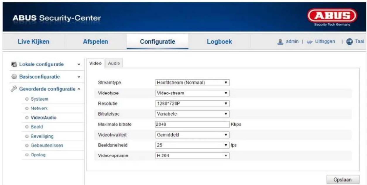 ABUS Security-Center Live Kijken Afspelen Configuratie Logboek admin | Uitloggen | Taal Lokale configuratie Basisconfiguratie Gevorderde configuratie Systeem Netwerk Video/Audio Beeld Beveiliging Gebeurtenissen Opslag Video Audio Streamtype Hoofdstream (Normaal) Videotype Video-stream Resolutie 1280*720P Bitratetype Variabele Maximale bitrate 2048 Kbps Videokwaliteit Gemiddeld Bealdsnelheid 25 fps Video-opname H.264 Opslaan
