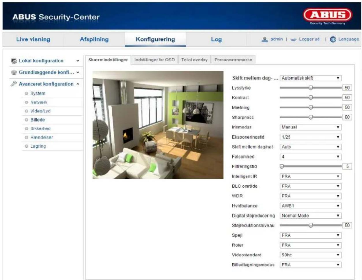 ABUS Security-Center Live visning Afspilning Konfigurering Log admin | Logger ud | Language Lokal konfiguration Grundlæggende konfi... Avanceret konfiguration System Netværk Video/Lyd Billede Sikkerhed Hændelser Lagring Skærmindstillinger Indstillinger for OSD Tekst overlay Personværmaske Skift mellem dag- ... Automatisk skift Lysstyrke 50 Kontrast 50 Møetning 50 Sharpness 50 Irismodus Manual Eksponeringstid 1/25 Shift mellem dag/nat Auto Følsomhed 4 Filtreringstid 5 Intelligent IR FRA BLC område FRA WDR FRA Hvidbalance AW81 Digital støjreducing Normal Mode Støjreduktionsniveau 50 Spejl FRA Roter FRA Videostandard 50hz Billedtagningmodus FRA