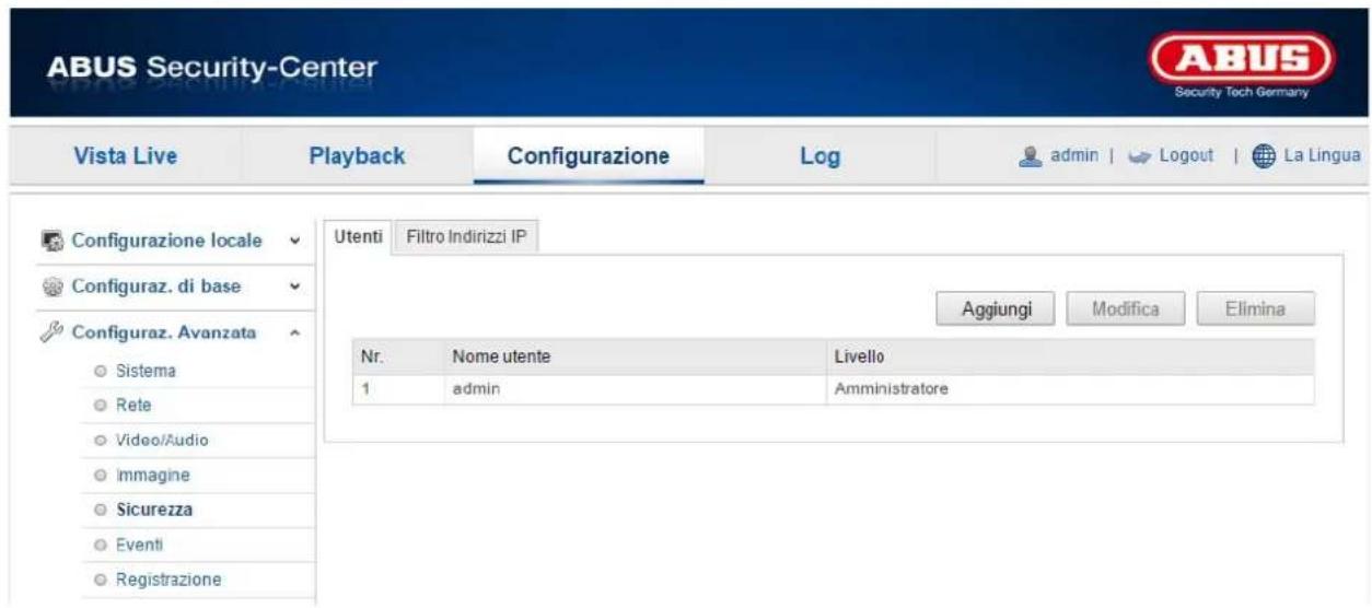 ABUS Security-Center Vista Live Playback Configurazione Log admin | Logout | La Lingua Configurazione locale Configuraz. di base Configuraz. Avanzata Sistema Rete Video/Audio Immagine Sicurezza Eventi Registrazione Utenti Filtro Indirizzi IP Aggiungi Modifica Elimina Nr. Nome utente Livello 1 admin Amministratore