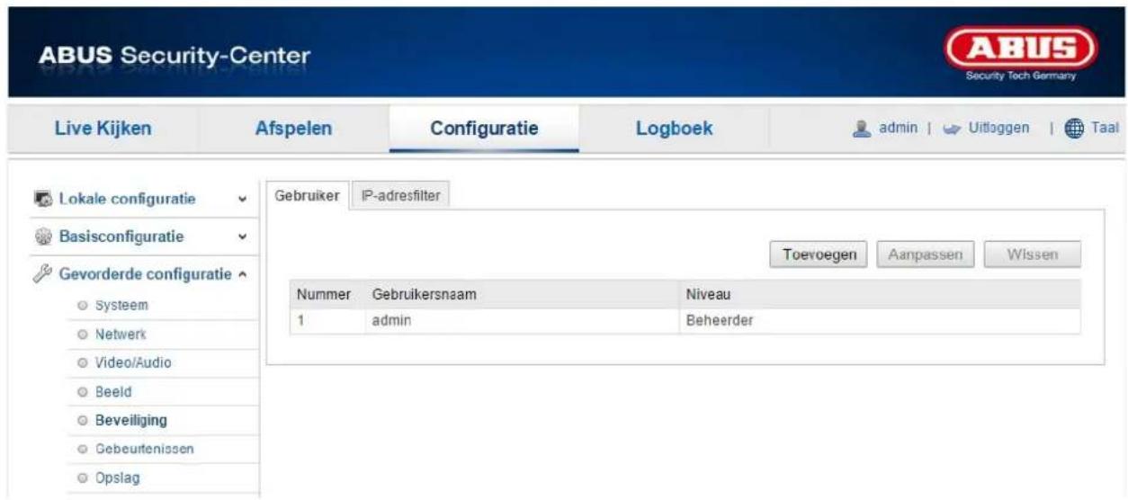 ABUS Security-Center Live Kijken Afspelen Configuratie Logboek admin | Uitloggen | Taal Lokale configuratie Basisconfiguratie Gevorderde configuratie Systeem Netwerk Video/Audio Beeld Beveiliging Gebeutenissen Opslag Gebruiker IP-adresfilter Toevoegen Aanpassen Wissen Nummer Gebruikersnaam Niveau 1 admin Beheerder