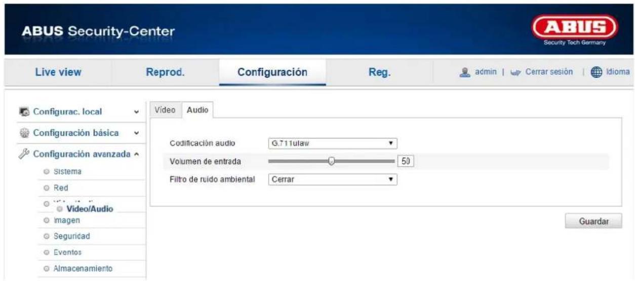 ABUS Security-Center Live view Reprod. Configuración Reg. admin | Cerrar sesión | Idioma Configurac. local Configuración básica Configuración avanzada Sistema Red Video/Audio Imagen Seguridad Eventos Almacenamiento Video Audio Codificación audio G.711ulaw Volumen de entrada 50 Filtro de ruido ambiental Cerrar Guardar