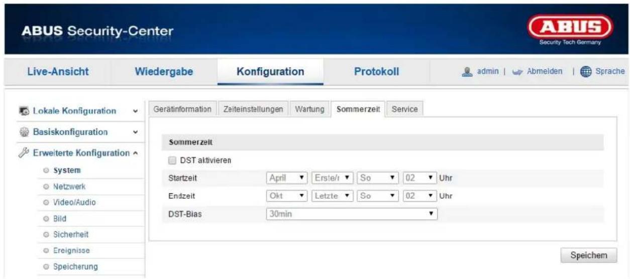 ABUS Security-Center Live-Ansicht Wiedergabe Konfiguration Protokoll admin | Abmelden | Sprache Lokale Konfiguration Basiskonfiguration Erweiterte Konfiguration System Netzwerk Video/Audio Bild Sicherheit Ereignisse Speicherung Geräinformation Zeiteinstellungen Wartung Sommerzeit Service Sommerzeit DST aktivieren Startzeit April Erste/r So 02 Uhr Endzeit Okt Letzte So 02 Uhr DST-Bias 30min Speichem