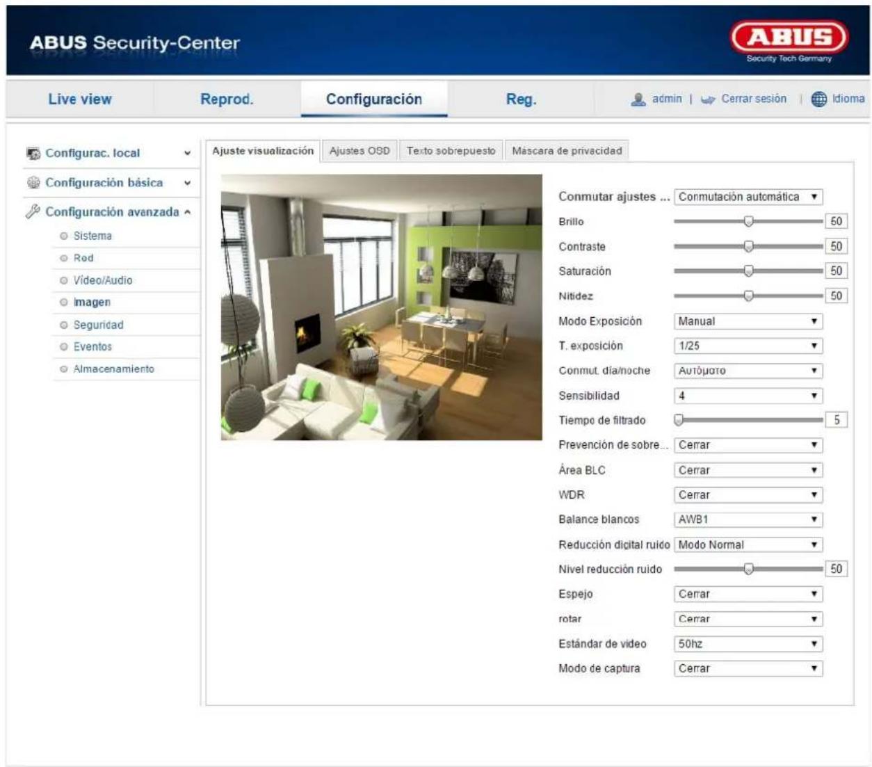 ABUS Security-Center Live view Reprod. Configuración Reg. admin | Cerrar sesión | Idioma Configurac. local Configuración básica Configuración avanzada Sistema Rod Video/Audio Imagen Seguridad Eventos Almacenamiento Ajuste visualización Ajustes OSD Texto sobrepuesto Mascara de privacidad Commutar ajustes ... Conmutación automática Brillo 50 Contraste 50 Saturación 50 Nitidez 50 Modo Exposición Manual T. exposición 1/25 Conmut. día/noche Autójato Sensibilidad 4 Tiempo de filtrado 5 Prevención de sobre... Cerrar Área BLC Cerrar WDR Cerrar Balance blancos AWB1 Reducción digital ruido Modo Normal Nivel reducción ruido 50 Espejo Cerrar rotar Cerrar Estándar de video 50hz Modo de captura Cerrar