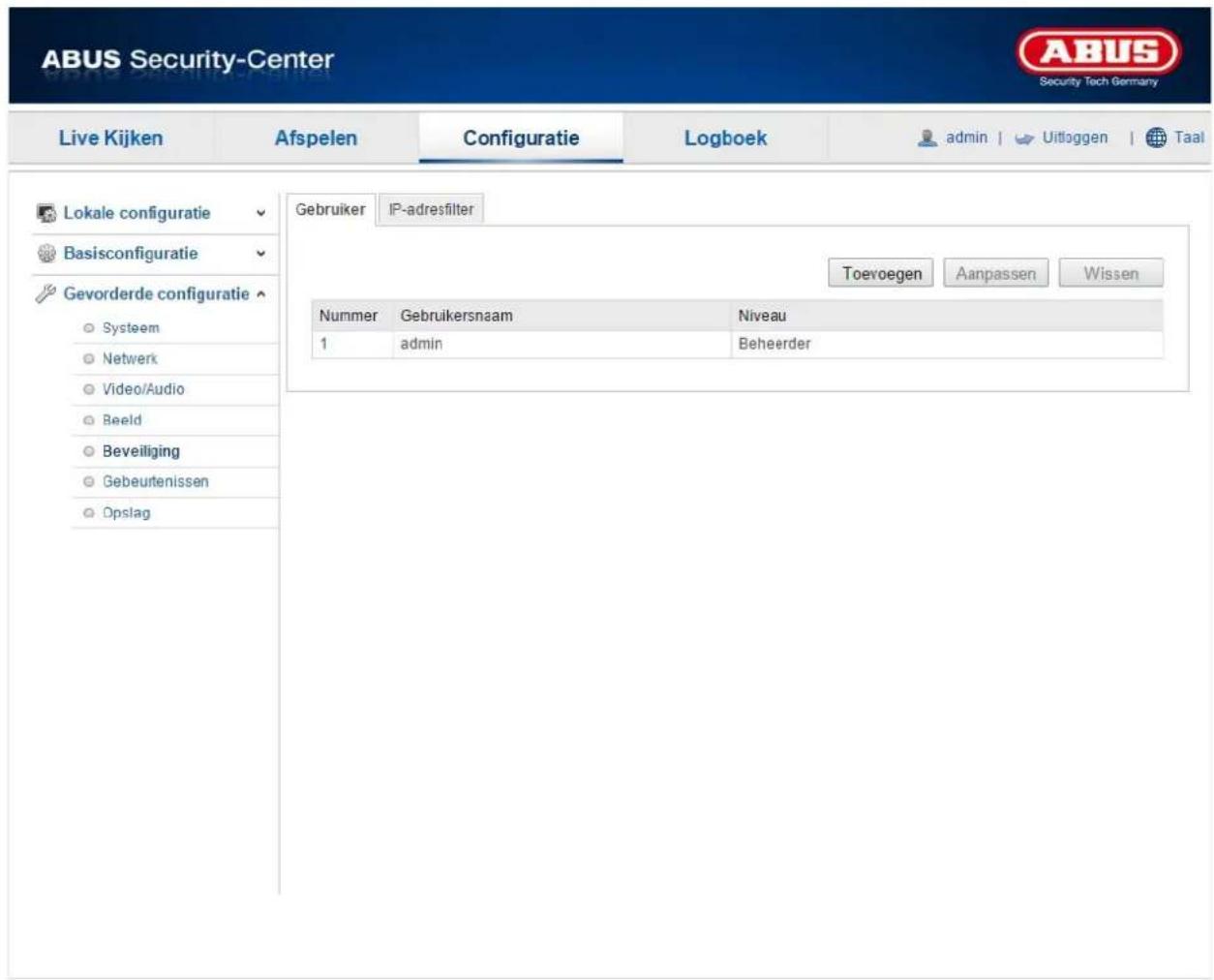 ABUS Security-Center Live Kijken Afspelen Configuratie Logboek admin | Uitloggen | Taal Lokale configuratie Basisconfiguratie Gevorderde configuratie Systeem Netwerk Video/Audio Beeld Beveiliging Gebeurtenissen Opslag Gebruiker IP-adresfilter Toevoegen Aanpassen Wissen Nummer Gebruikersnaam Niveau 1 admin Beheerder
