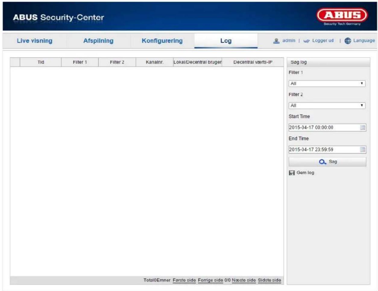 ABUS Security-Center Security Tech Germany Live visning Afspilning Konfigurering\Log admin | Logger ud | Language Tid Filter 1 Filter 2 Kanalnr.Lokal/Decentral bruger Decentral værts-IP Søg log All Filter 2 All Start Time 2015-04-17 00:00:00 End Time 2015-04-17 23:59:59 Sag Gem log Total0Emner Farstø side Forrige side 0/0 Næste side Sidste side