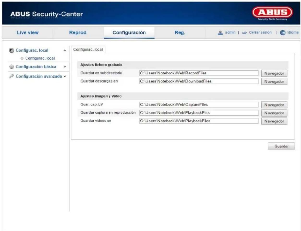 ABUS Security-Center Live view Reprod. Configuración Reg. admin | Cerrar sesión | Idioma Configurac. local Configurac. local Configuración básica Configuración avanzada Configurac. local Ajustes fichero grabado Guardar en subdirectorio C:\Users\Notebook\Web\RecordFiles Navegador Guardar descargas en C:\Users\Notebook\Web\DownloadFiles Navegador Ajustes Imagen y Video Guar. cap. LV C:\Users\Notebook\Web\CaptureFiles Navegador Guardar captura en reproducción C:\Users\Notebook\Web\Playback Pics Navegador Guardar videos on C:\Users\Notebook\Web\Playback Files Navegador Guardar