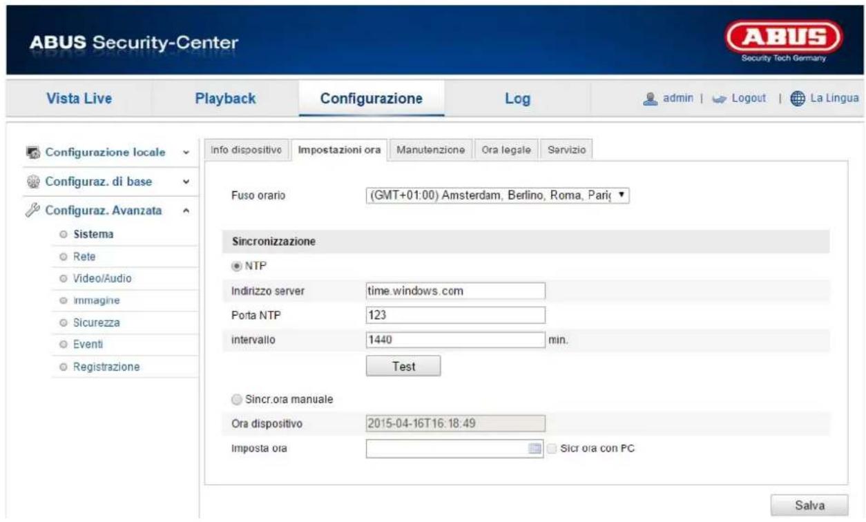 ABUS Security-Center Vista Live Playback Configurazione\Log-admin | Logout | La Lingua Configurazione locale Configuraz. di base Configuraz. Avanzata Sistema Rete Video/Audio Immagine Sicurezza Eventi Registrazione Info dispositivo Impostazioni ora Manutenzione Ora legale Servizio Fuso orario (GMT+01:00) Amsterdam, Berlino, Roma, Paris ▼ Sincronizzazione NTP Indirizzo serverretsq time.windows.com Porta NTP 123 intervallo 1440,min. Test Sincr.ora manuale Ora dispositivo 2015-04-16T16:18:49 Imposta ora Sicr ora con PC Salva
