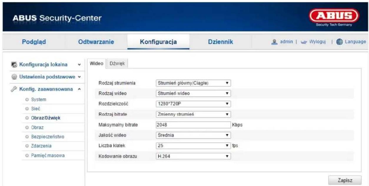 ABUS Security-Center Podgląd Odtwarzanie Konfiguracja Dziennik admin | Wyloguj | Language Konfiguracja lokalna Ustawienia podstawowe Konfig. zaawansowana System Sieć Obraz/Dźwięk Obraz Bezpieczeństwo Zdarzenia Pamięć masowa Wideo Dźwięk Rodzaj strumienia Strumień główny(Ciągłe) Rodzaj wideo Strumień wideo Rozdzielczość 1230*720P Rodzaj bitrate Zmienny strumień Maksymalny bitrate 2048 Kbps Jakość wideo Średnia Liczba klatek 25 tps Kodowanie obrazu H.264 Zapisz