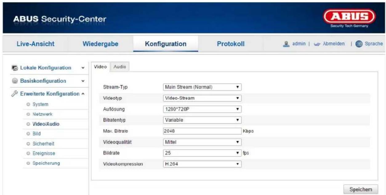 ABUS Security-Center Live-Ansicht Wiedergabe Konfiguration Protokoll admin | Abmelden | Sprache Lokale Konfiguration Basiskonfiguration Erweiterte Konfiguration System Netzwerk Video/Audio Bild Sicherheit Ereignisse Speicherung Video Audio Stream-Typ Main Stream (Normal) Videotyp Video-Stream Auflösung 1280*720P Bitratentyp Variable Max. Bitrate 2048 Kbps Videoqualität Mittel Bildrate 25 fps Videokompression H.264 Speichem