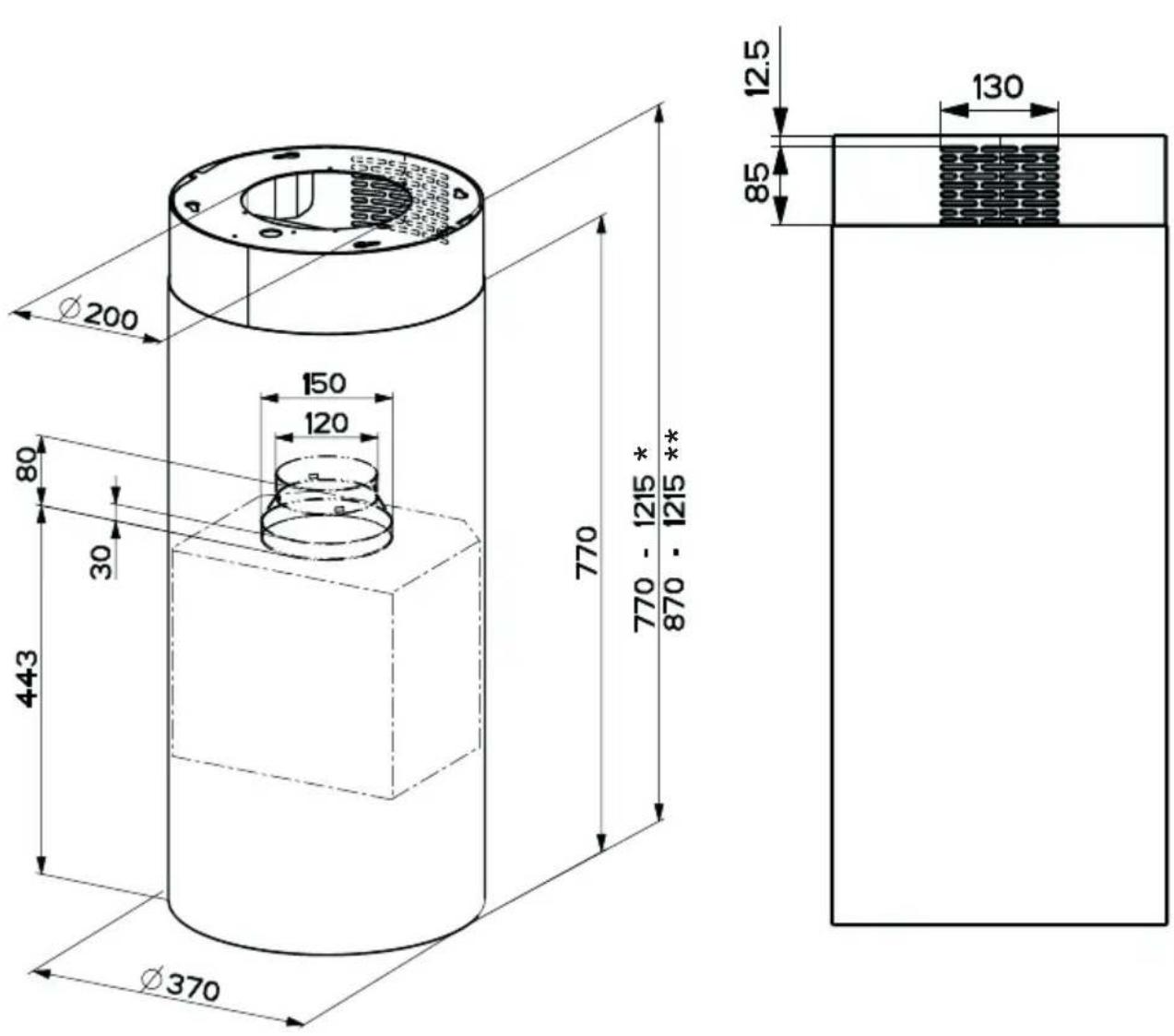 Ø200 80 30 443 Ø370 150 120 770 770 - 1215 * 870 - 1215 ** 12.5 85 130